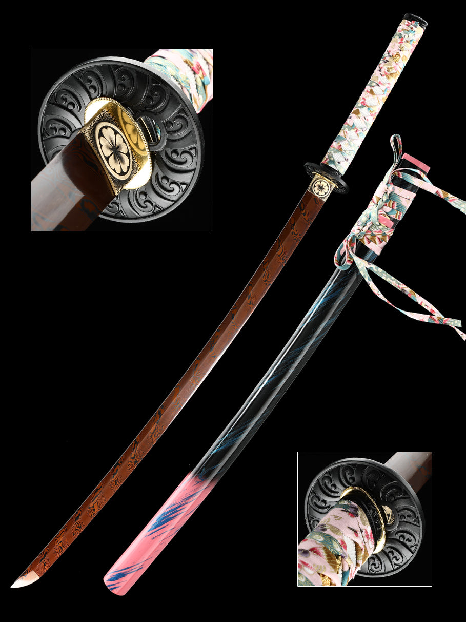 The hand-forged blade is crafted from pattern-welded steel, hammered and forged through countless strikes