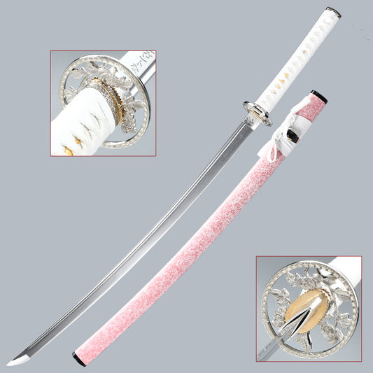 (32)Pink scabbard, white scabbard rope, manganese steel, genuine handmade samurai knife