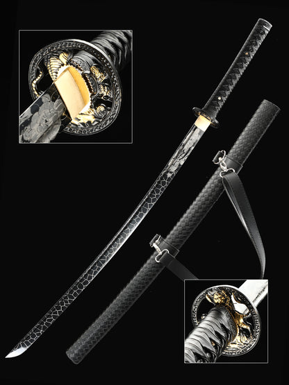 (33)Authentic Japanese Samurai Sword 1060 steel grill black with leather sheath perfect combination