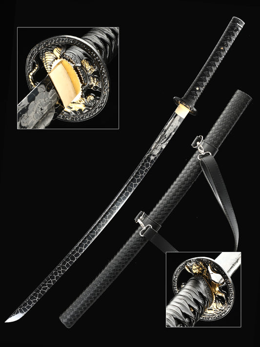 (33)Authentic Japanese Samurai Sword 1060 steel grill black with leather sheath perfect combination