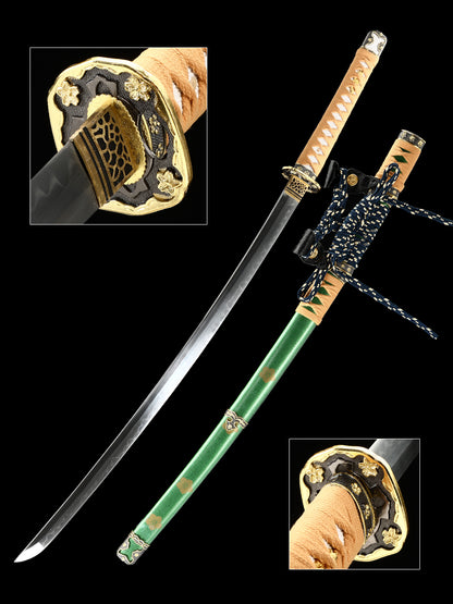 Japanese samurai sword with green scabbard