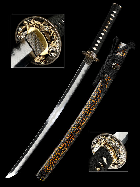 Hand-made Japanese katana Damascus steel covered soil burning blade blade