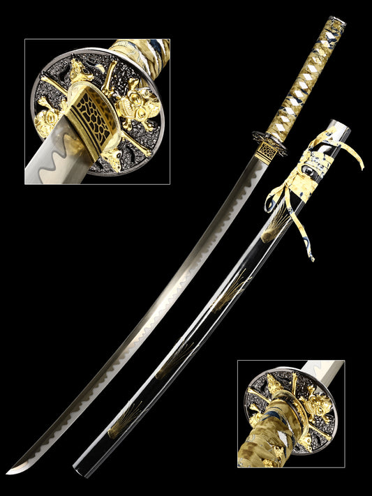 (65)Handmade authentic Japanese samurai sword, all Tang 1095 steel blade, roasted gold, men's exquisite gift series