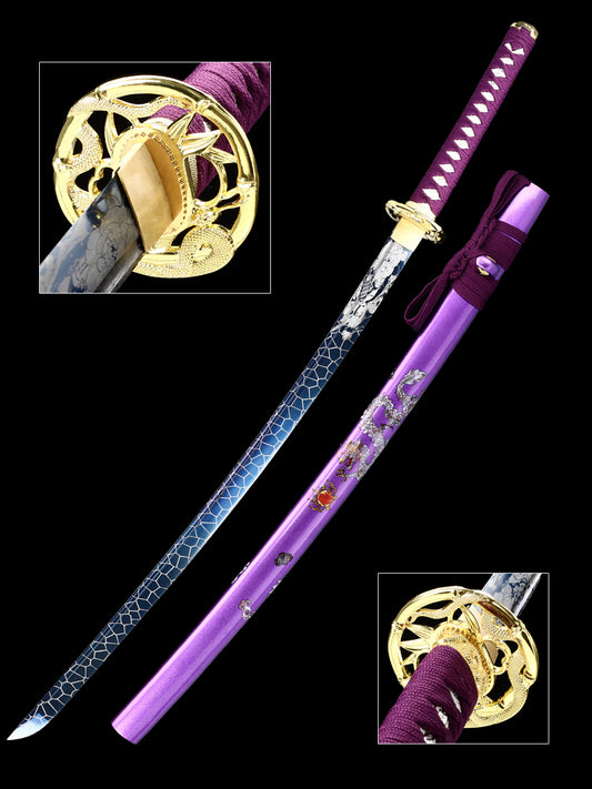 Handmade authentic Japanese Samurai Sword 1060 steel baked blue with purple sheath(28)