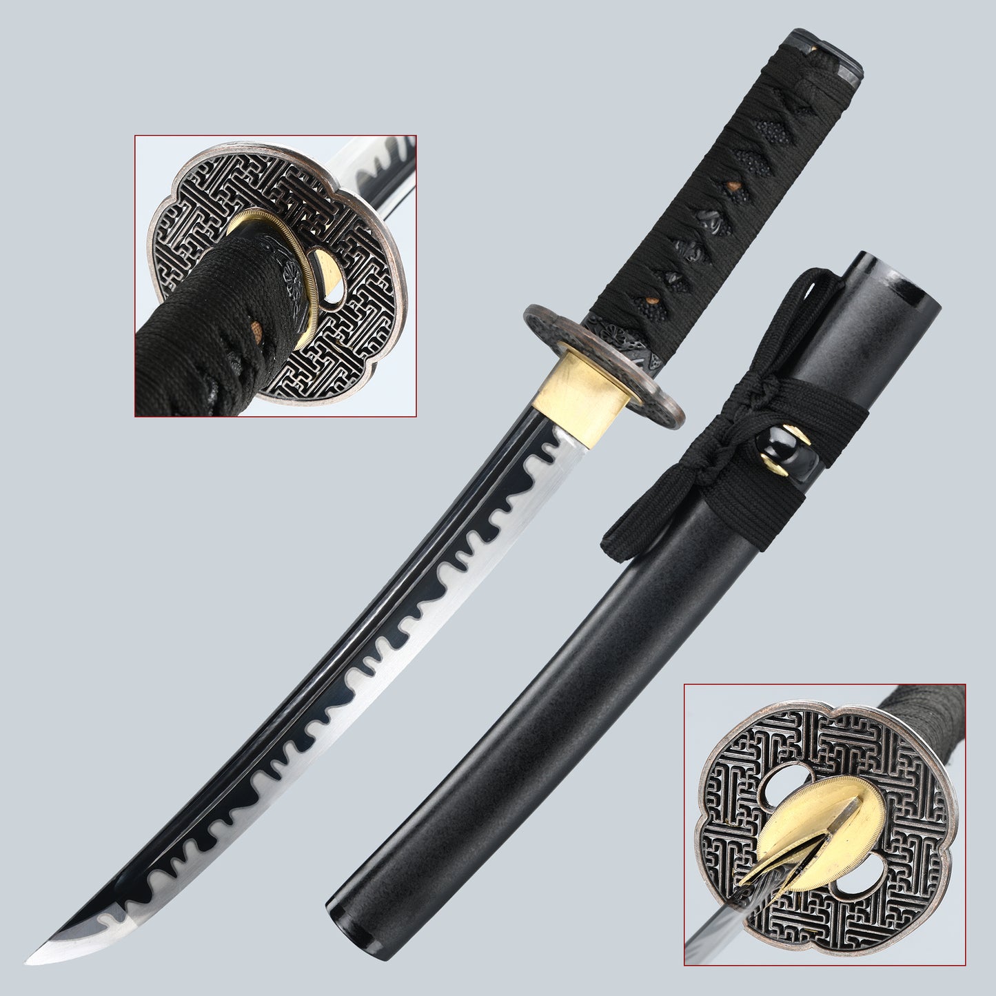 Japanese sword hand forged short samurai sword 1095 manganese steel baked black grinding wave pattern collection decoration