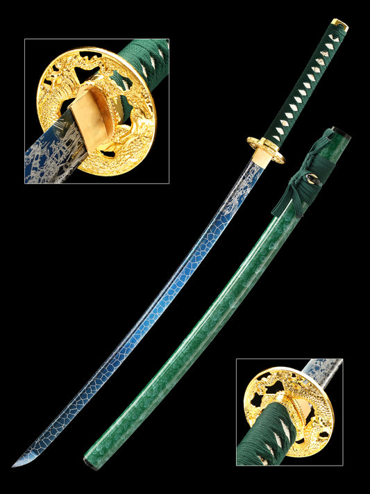 Handmade authentic Japanese Samurai Sword 1060 steel baked blue with green Saya(40)