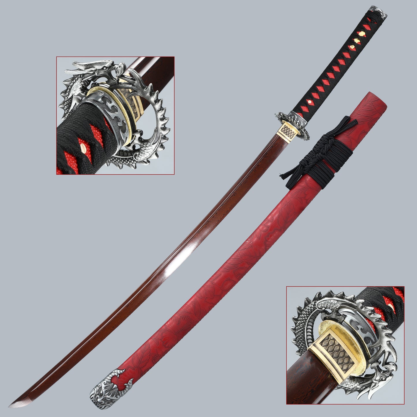 (64) Hand-made authentic Japanese Samurai sword hundred chain pattern steel baked red