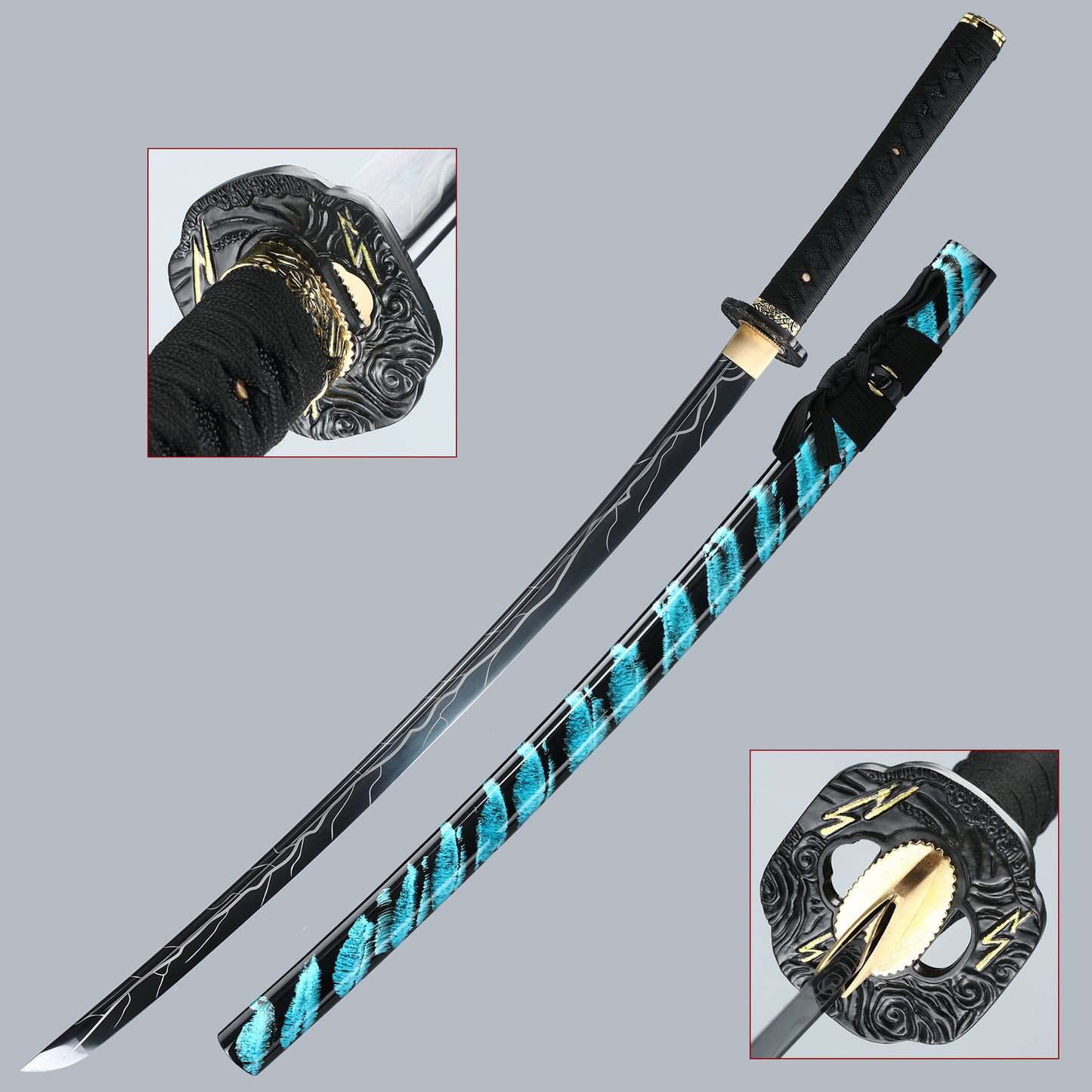 (29) Handcrafted authentic Japanese Samurai Sword 1060 steel roast black blue black sheath cool style