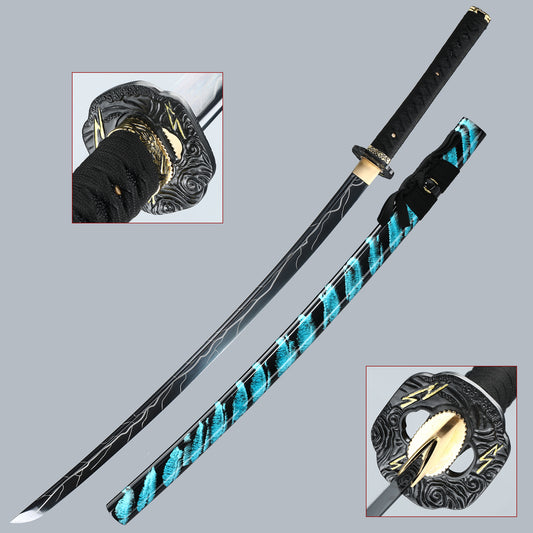 (29) Handcrafted authentic Japanese Samurai Sword 1060 steel roast black blue black sheath cool style