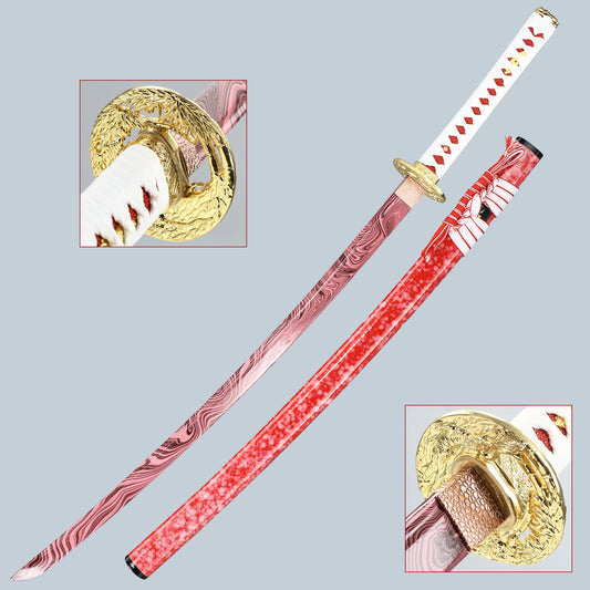 （67）Home Decoration Handmade Authentic Japanese Samurai Sword 1060 Steel Featured Craft Transfer Printing Color Red Sheath