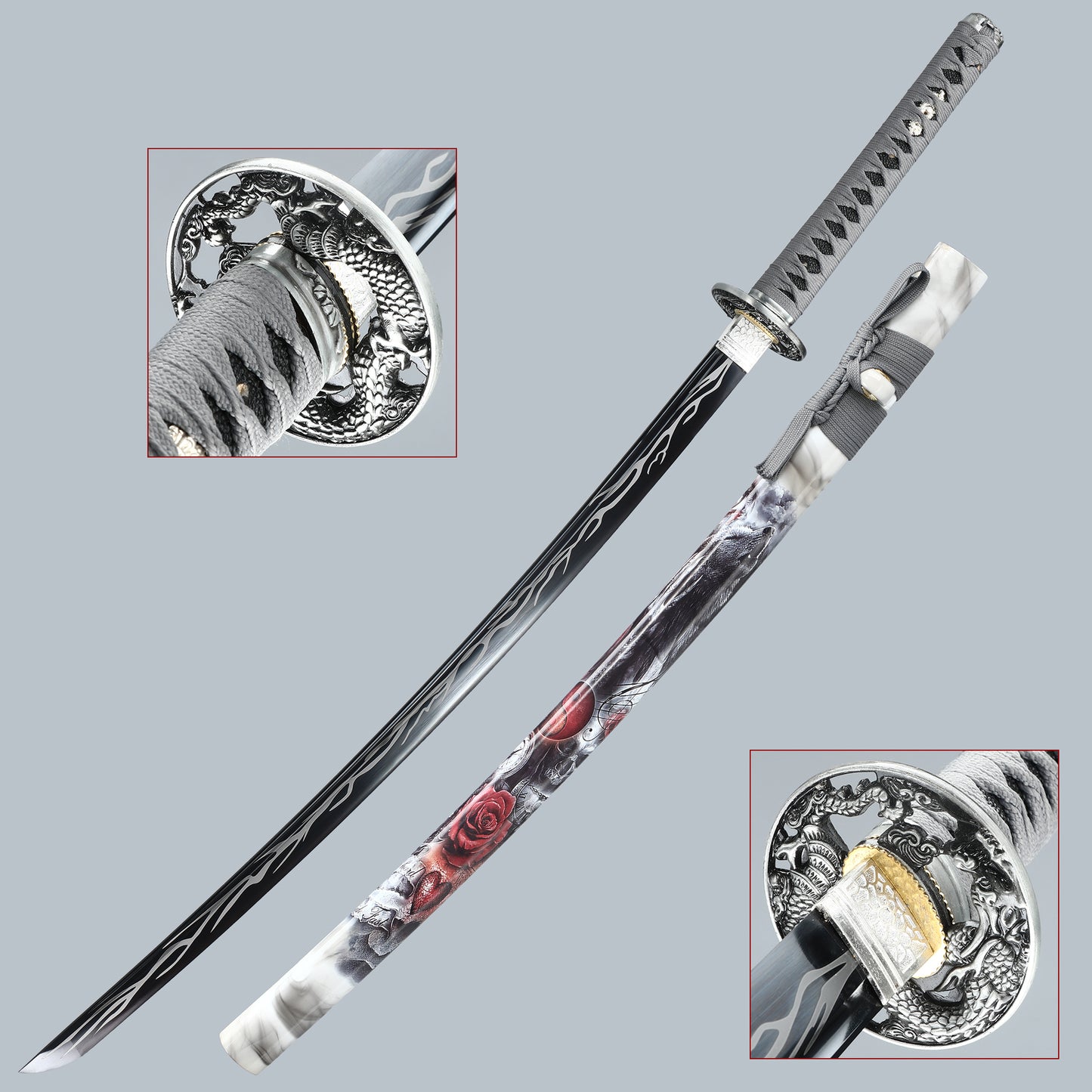 (61)Decorate authentic Japanese samurai swords, handmade 1095 steel blades with black lightning pattern dragon swords from the Tang Dynasty, collected by Tan Boutique