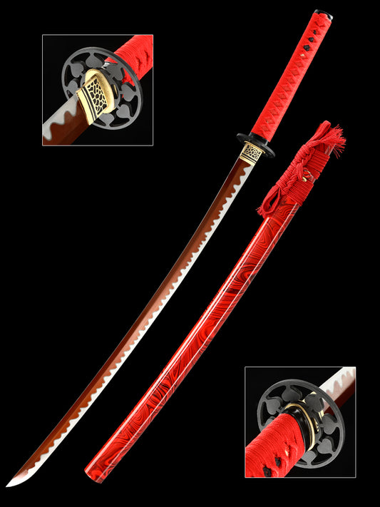 Handmade Samurai Sword Japanese 1095 Steel Red Blade True Sword Full Tang Sharp Red Sheath