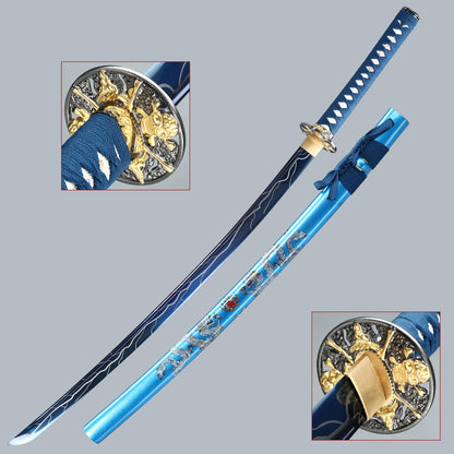 (63)Handmade authentic Japanese Samurai Sword 1060 steel grilled blue with blue sheath dreamlike style