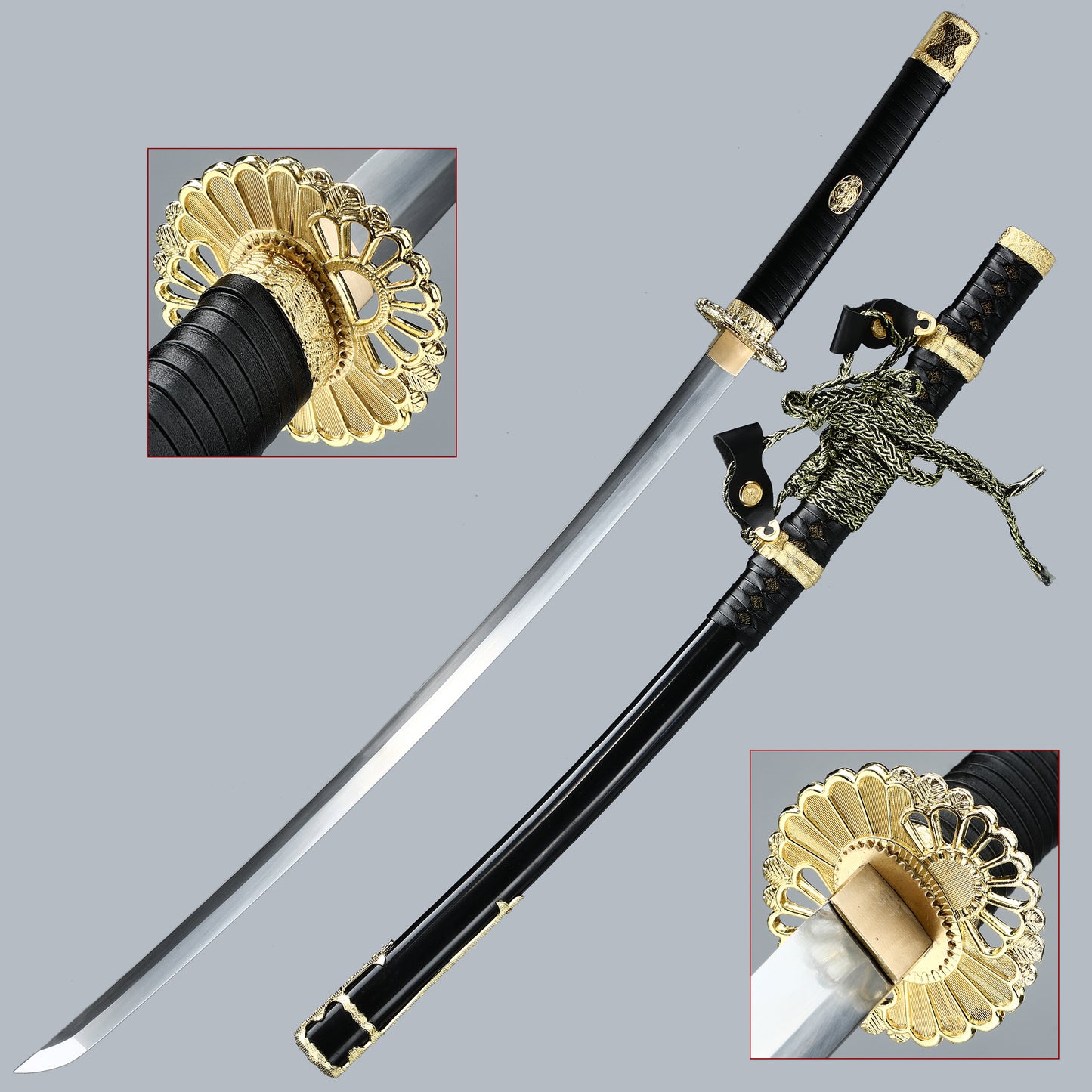 (43)Japanese Tachi Odachi Sword High Manganese Steel With Golden Tsuba And Black Scabbard