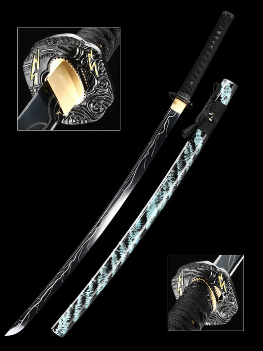 (83) Handcrafted authentic Japanese Samurai Sword 1060 steel roast black blue black sheath cool style