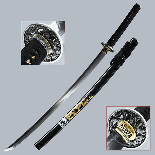 (12)Handmade Japanese Katana Sword T10 Folded Clay Tempered Steel Real Hamon Dragon Elementals