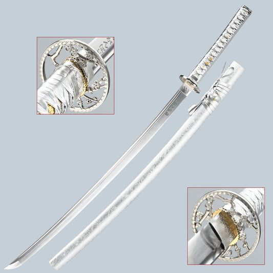 (66)Authentic Japanese samurai sword, Handmade  all Tang 1095 steel blade, Silver sheath men's exquisite gift series