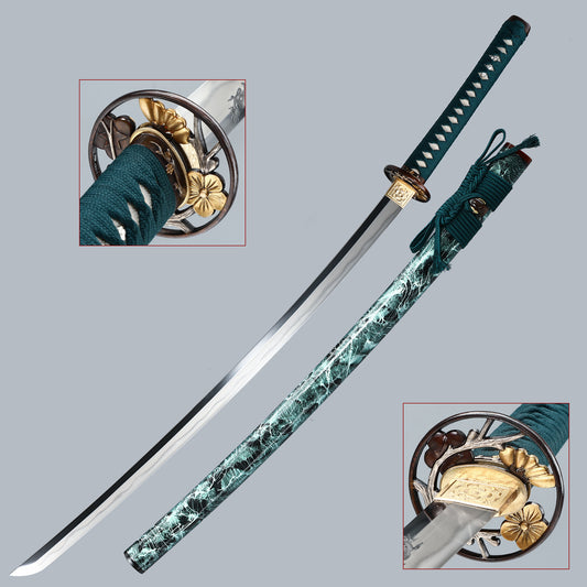 HERO SWORD Cool Green Japanese Katana Sword Handmade Clay Tempered T10 Steel Razor Sharp Samurai Sword Real Hamon Battle Ready