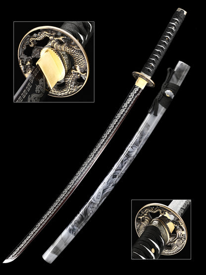 （57）Decorate authentic Japanese samurai swords, handmade 1095 steel blade roasted black grass dragon pattern dragon sword from the Tang Dynasty, collected by Tan Boutique