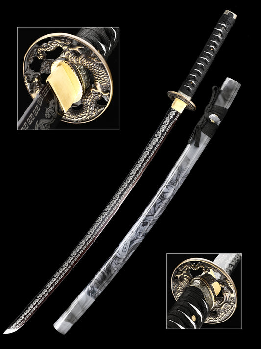 （57）Decorate authentic Japanese samurai swords, handmade 1095 steel blade roasted black grass dragon pattern dragon sword from the Tang Dynasty, collected by Tan Boutique