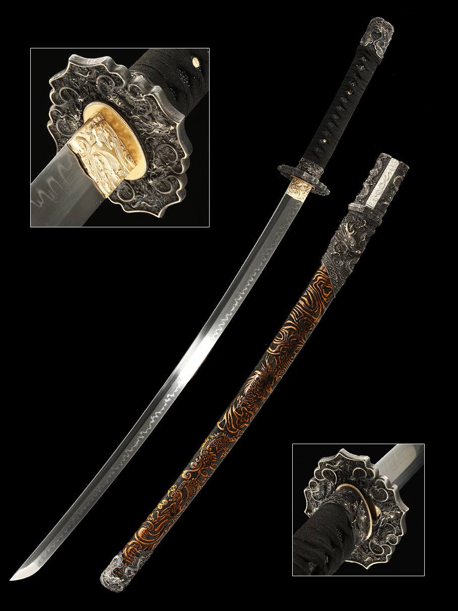 T10 steel fittings made entirely of copper Solid wood scabbard hand carved dragon sword Tan Japanese style--S2086