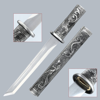 Decorative Collection Dragon Phoenix Play Pearl Short Knife Grey Alloy Sheath High end Gift