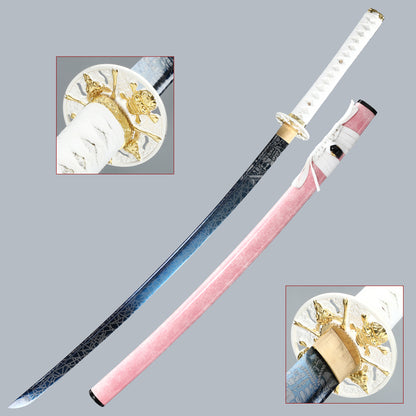 (32) Handmade authentic Japanese Samurai Sword 1060 steel baked blue with pink Saya