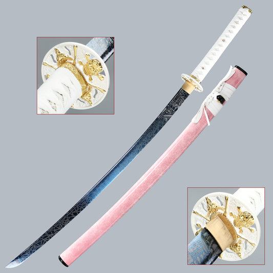 (32) Handmade authentic Japanese Samurai Sword 1060 steel baked blue with pink Saya