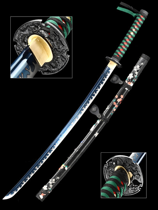 Katana Sword Mud Tempered Manganese Steel True Hamon Handmade Warrior Blade Sharp Handle Rope Green(13)
