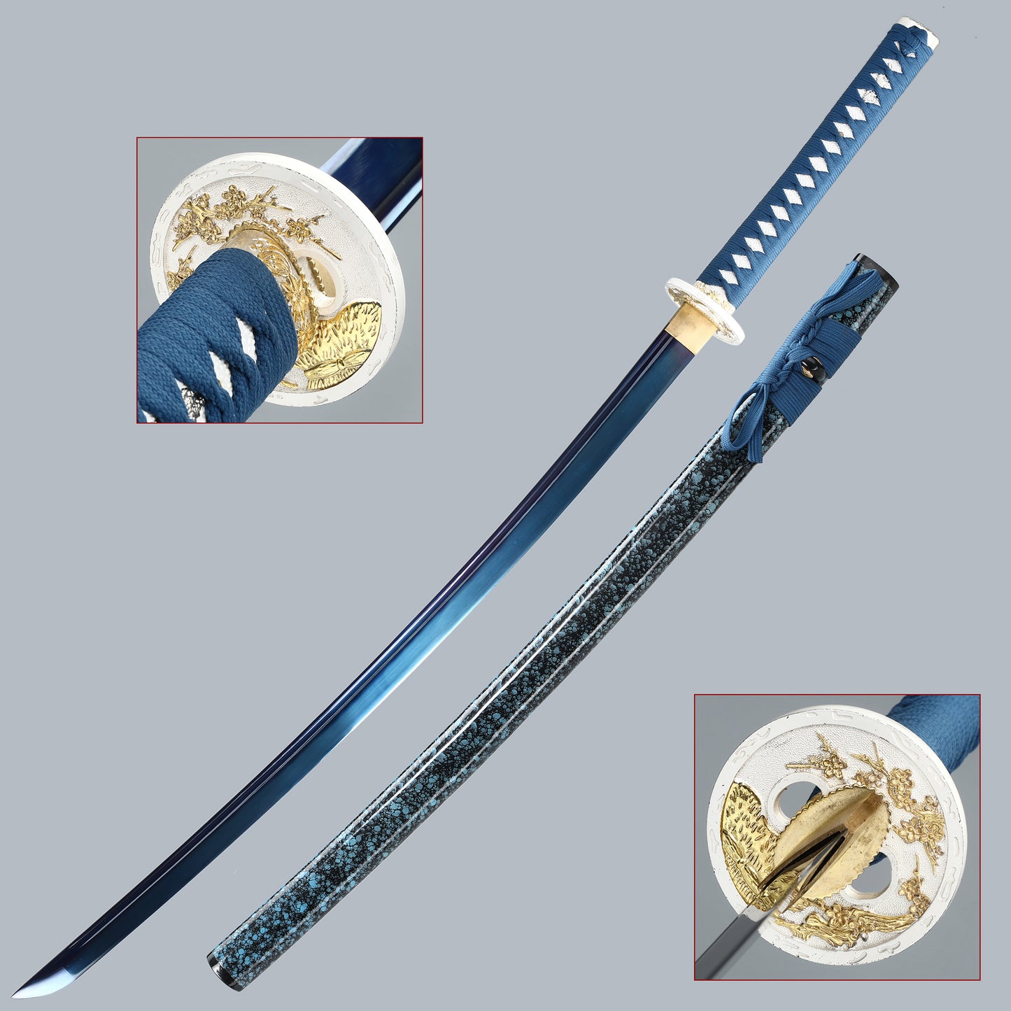 (62)Handmade authentic Japanese Samurai Sword 1060 steel baked black with blue-black sheath