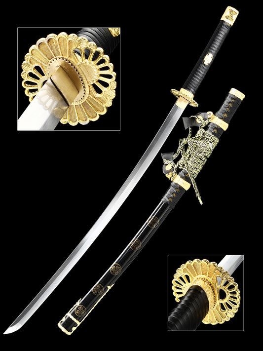 (43)Japanese Tachi Odachi Sword High Manganese Steel With Golden Tsuba And Black Scabbard