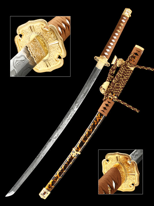 Japanese handmade Damascus steel samurai sword with yellow scabbard decoration collection