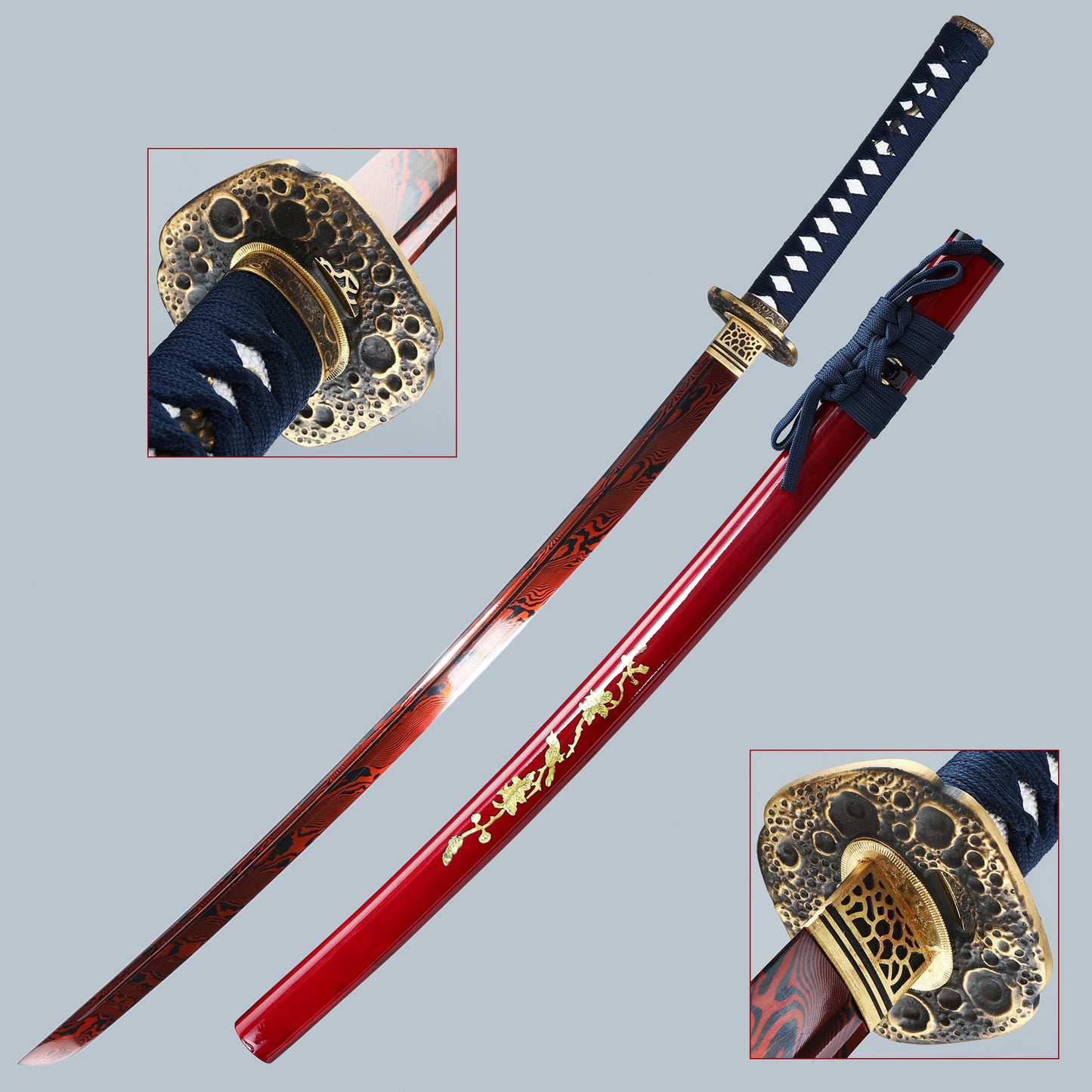 Handmade Authentic Japanese Samurai Katana Sword Full Tang Red Damascus Steel Collectible Men's Fine Gifts