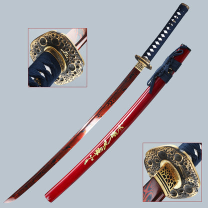 Handmade Authentic Japanese Samurai Katana Sword Full Tang Red Damascus Steel Collectible Men's Fine Gifts