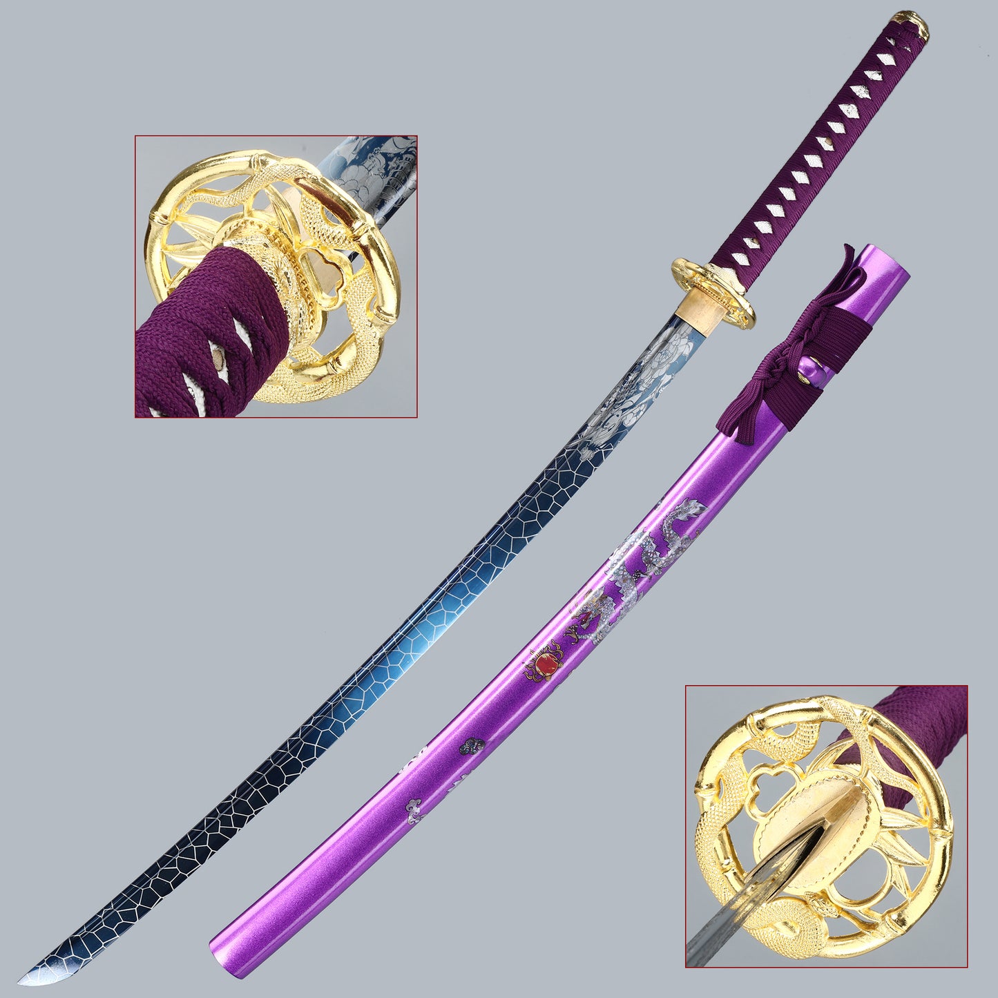 (28)Handmade authentic Japanese Samurai Sword 1060 steel baked blue with purple sheath