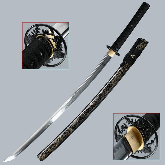 (17)Handmade Japanese Katana Sword T10 Folded Clay Tempered Steel With Silk Thread Scabbard