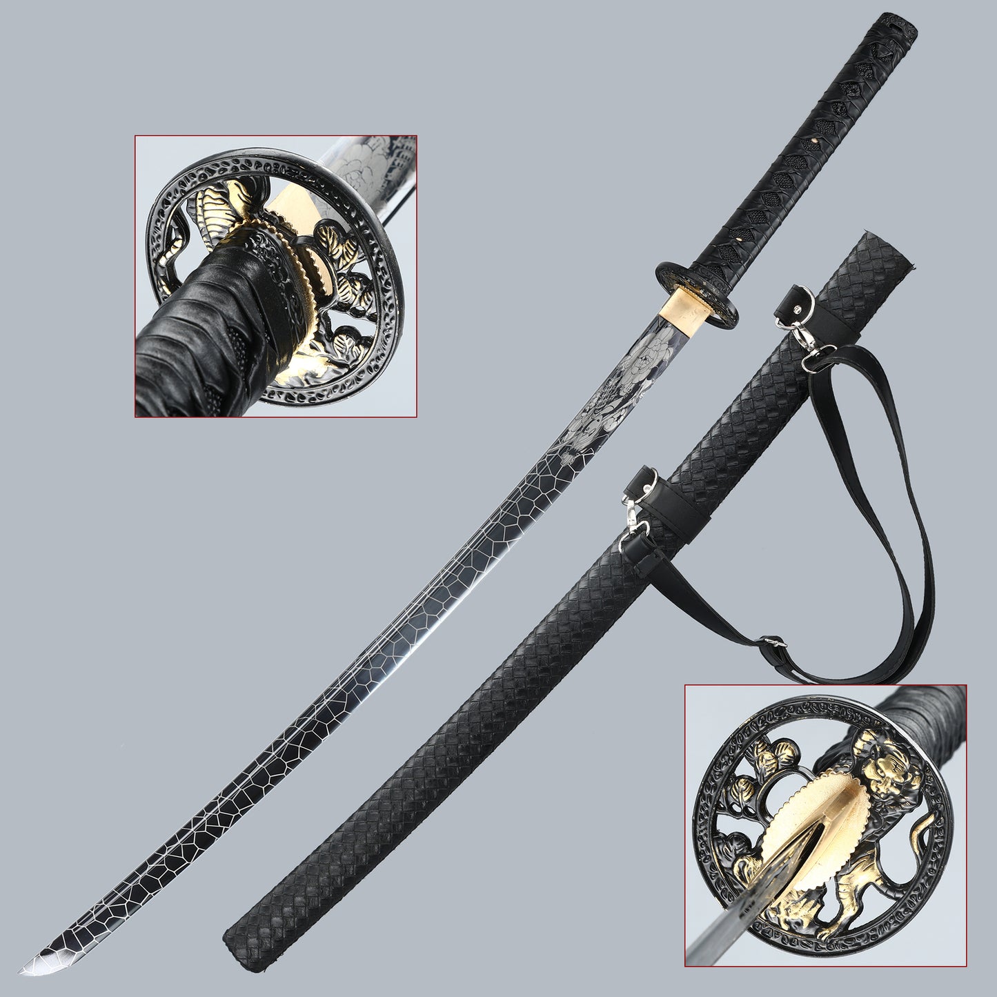 (33)Authentic Japanese Samurai Sword 1060 steel grill black with leather sheath perfect combination