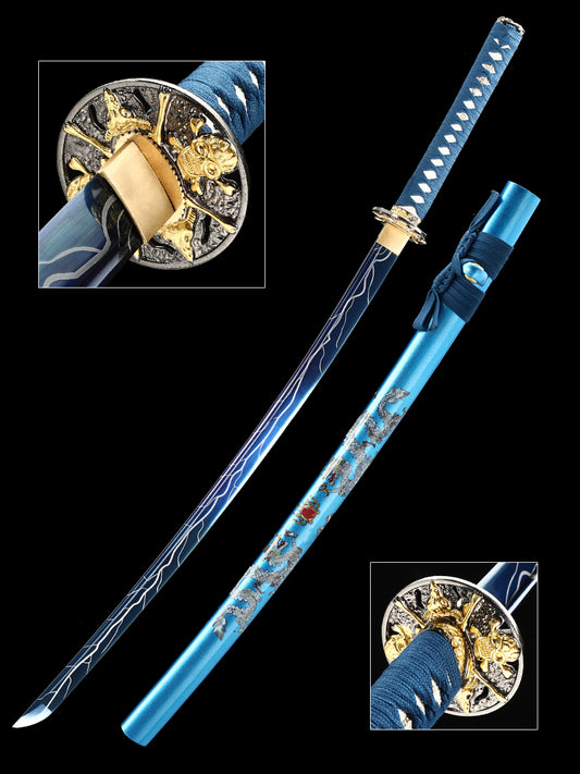 (63)Handmade authentic Japanese Samurai Sword 1060 steel grilled blue with blue sheath dreamlike style