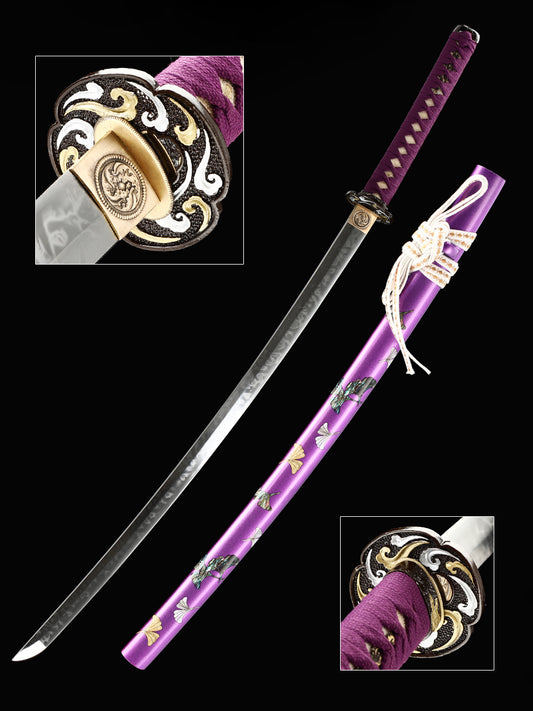 Japanese samurai sword hand forged T10 steel made purple scabbard decoration collection