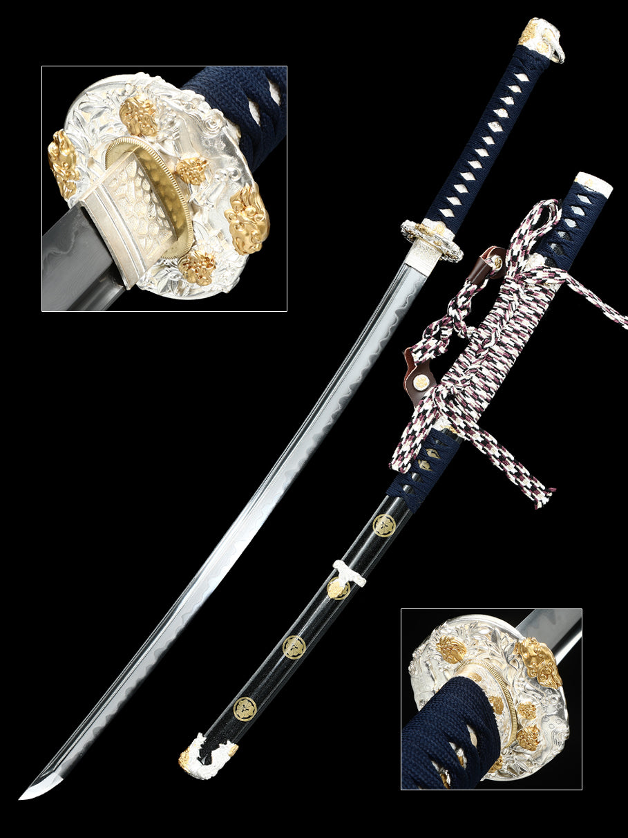 Hand forging patterned steel to make earth covered burning blades Lion Knife Tan Blue Sheath--S2080