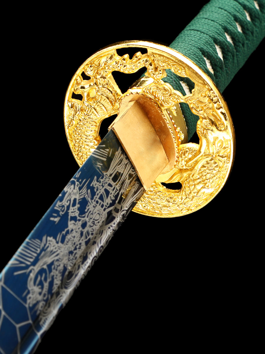 Handmade authentic Japanese Samurai Sword 1060 steel baked blue with green Saya(40)