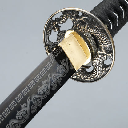 （57）Decorate authentic Japanese samurai swords, handmade 1095 steel blade roasted black grass dragon pattern dragon sword from the Tang Dynasty, collected by Tan Boutique