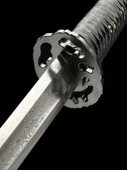 Hand forged straight knife Damascus steel manufacturing blue sheath