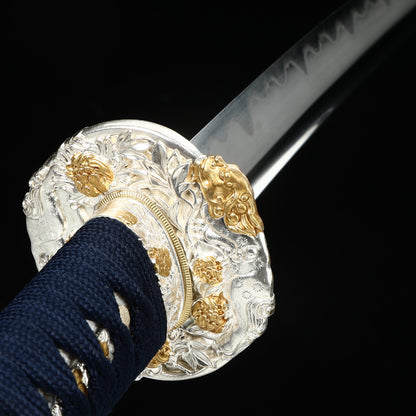 Hand forging patterned steel to make earth covered burning blades Lion Knife Tan Blue Sheath--S2080