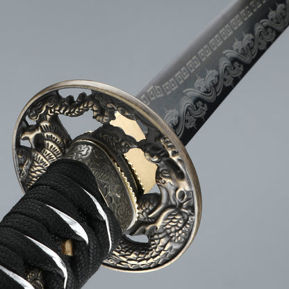 （57）Decorate authentic Japanese samurai swords, handmade 1095 steel blade roasted black grass dragon pattern dragon sword from the Tang Dynasty, collected by Tan Boutique