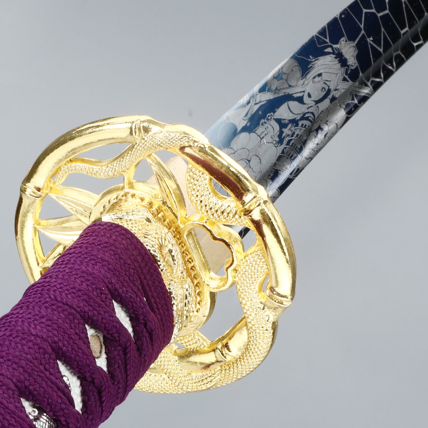 (28)Handmade authentic Japanese Samurai Sword 1060 steel baked blue with purple sheath