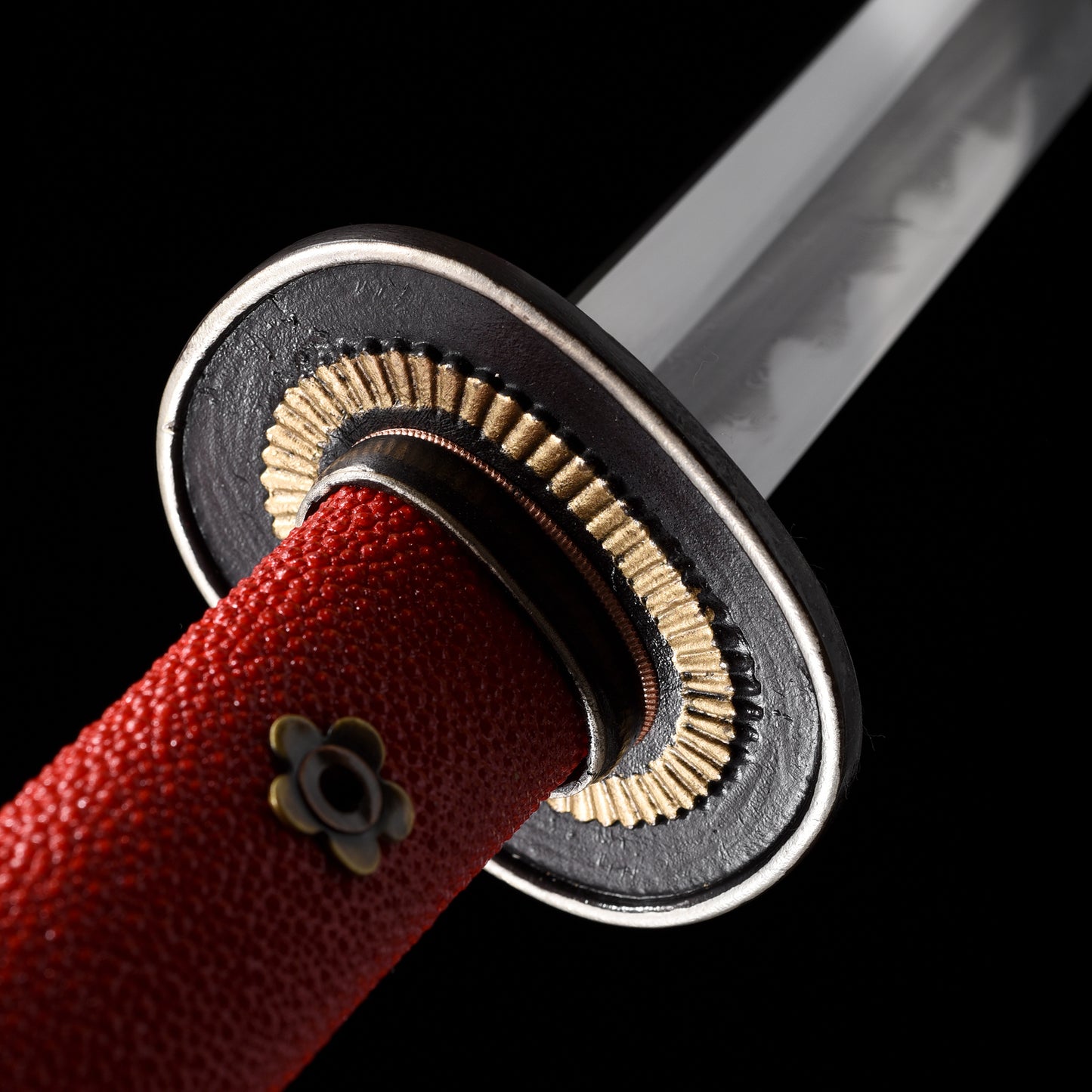 Damascus Steel Covered Earth Burning Blade Warrior Sword, with Handmade Fish Skin Sheath Body and Red Sheath--S2074