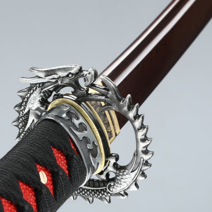 (64) Hand-made authentic Japanese Samurai sword hundred chain pattern steel baked red