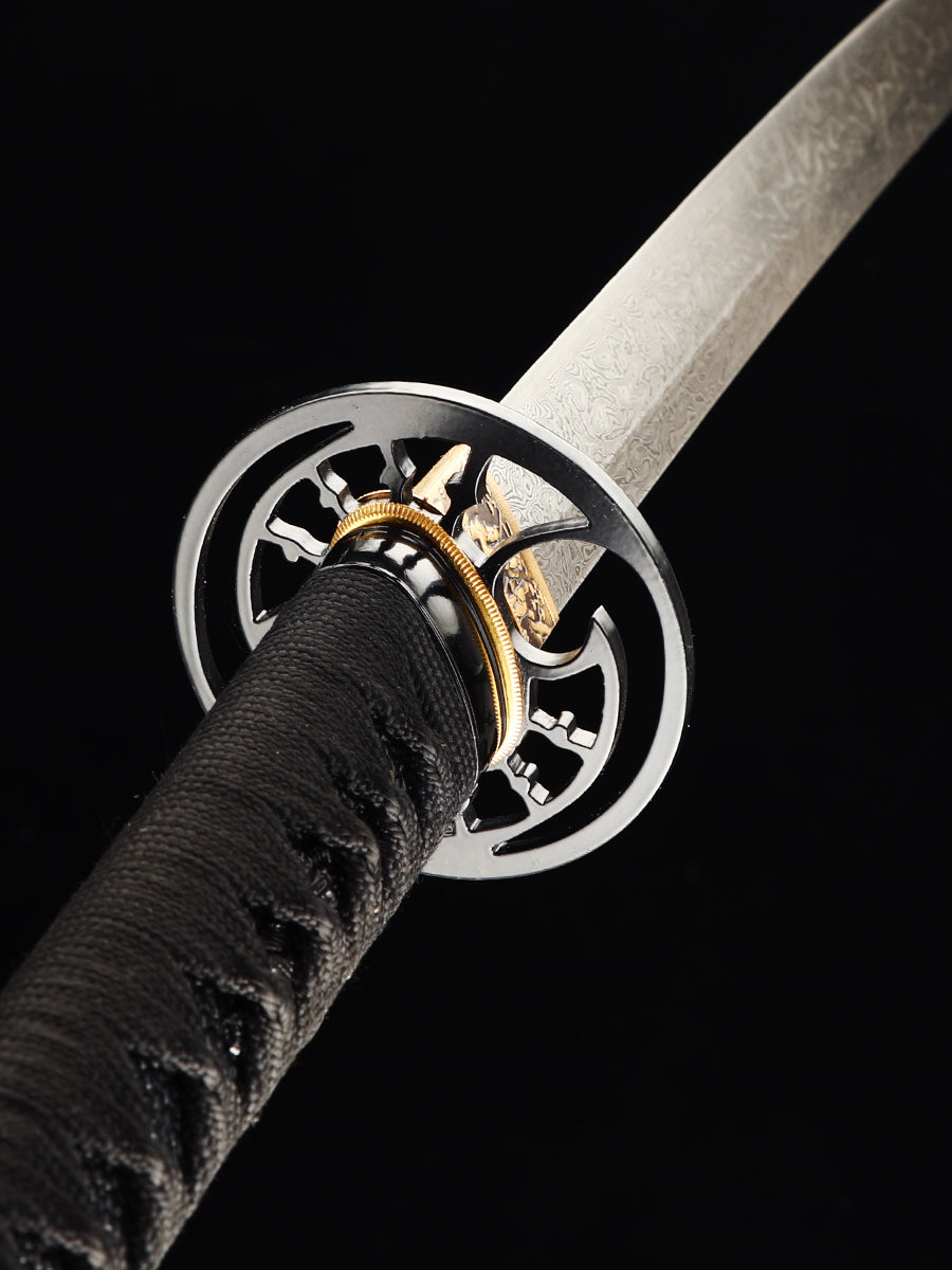 Handmade Japanese samurai sword with Damascus steel folding pattern, exquisite large lacquer sheath in blue(15