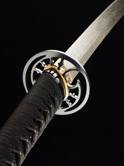 Handmade Japanese samurai sword with Damascus steel folding pattern, exquisite large lacquer sheath in blue(15
